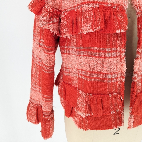 Zara Tweed Plaid Jacket Red S ruffle fringe cotton bohemian hippie retro casual - Picture 4 of 7